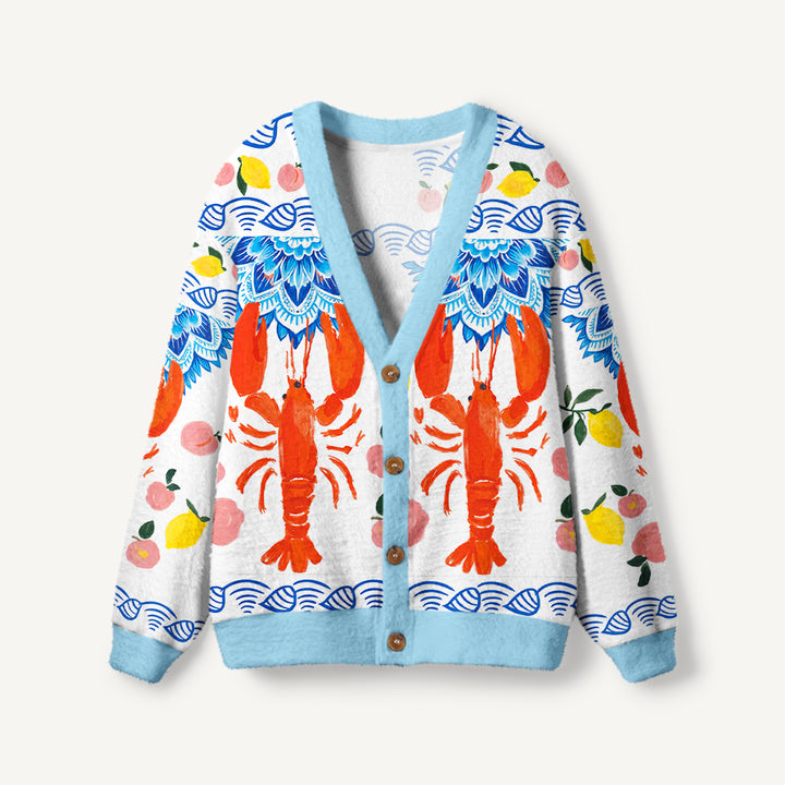 Cardigan lavorato a maglia con aragoste e limoni