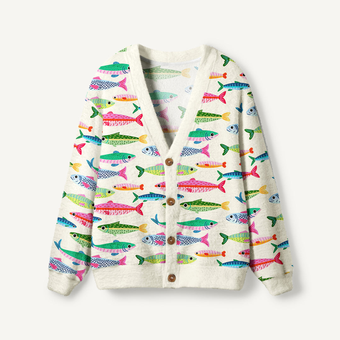 Cardigan lavorato a maglia con sardine dai colori vivaci