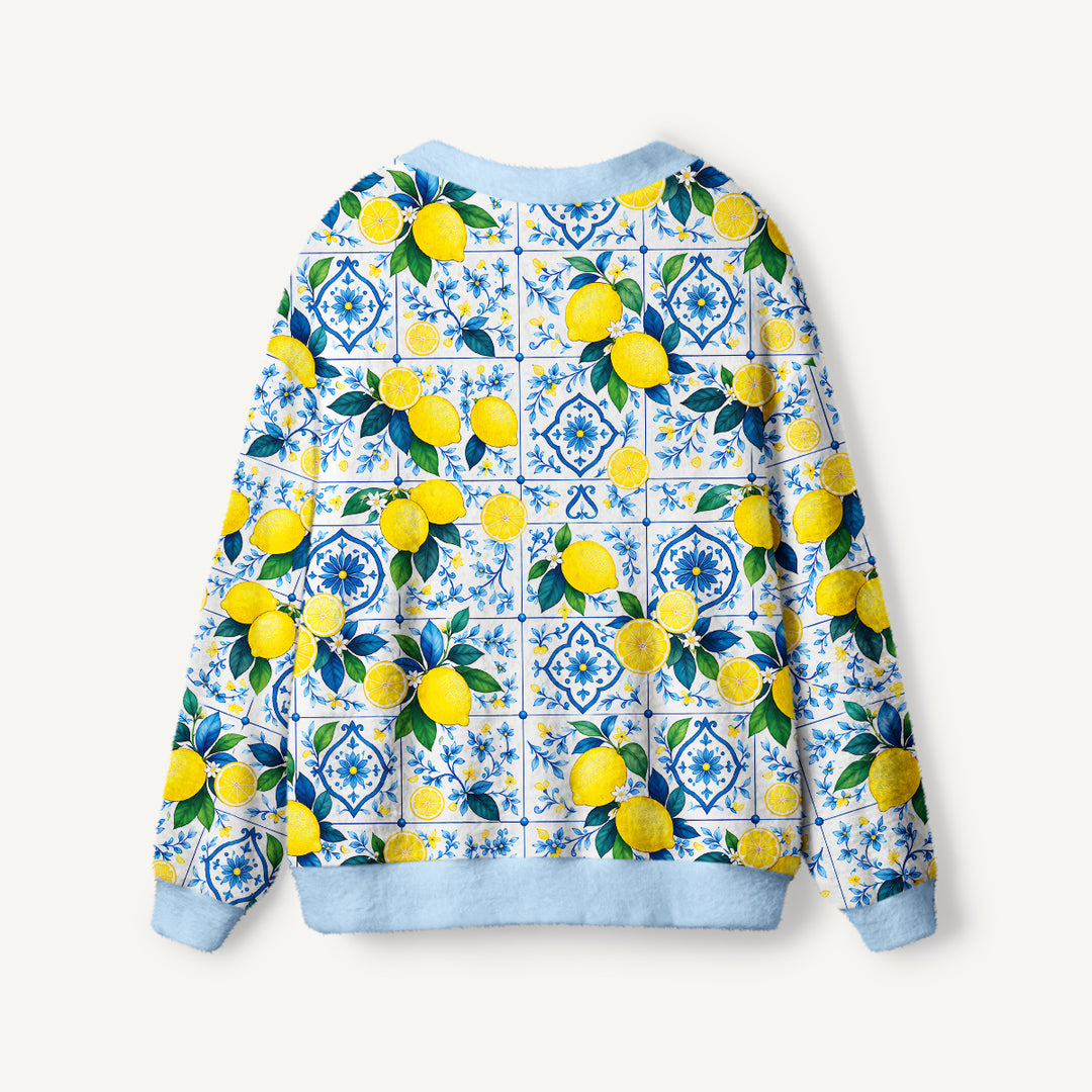 Cardigan lavorato a maglia con piastrelle in stile mediterraneo e motivi di limoni