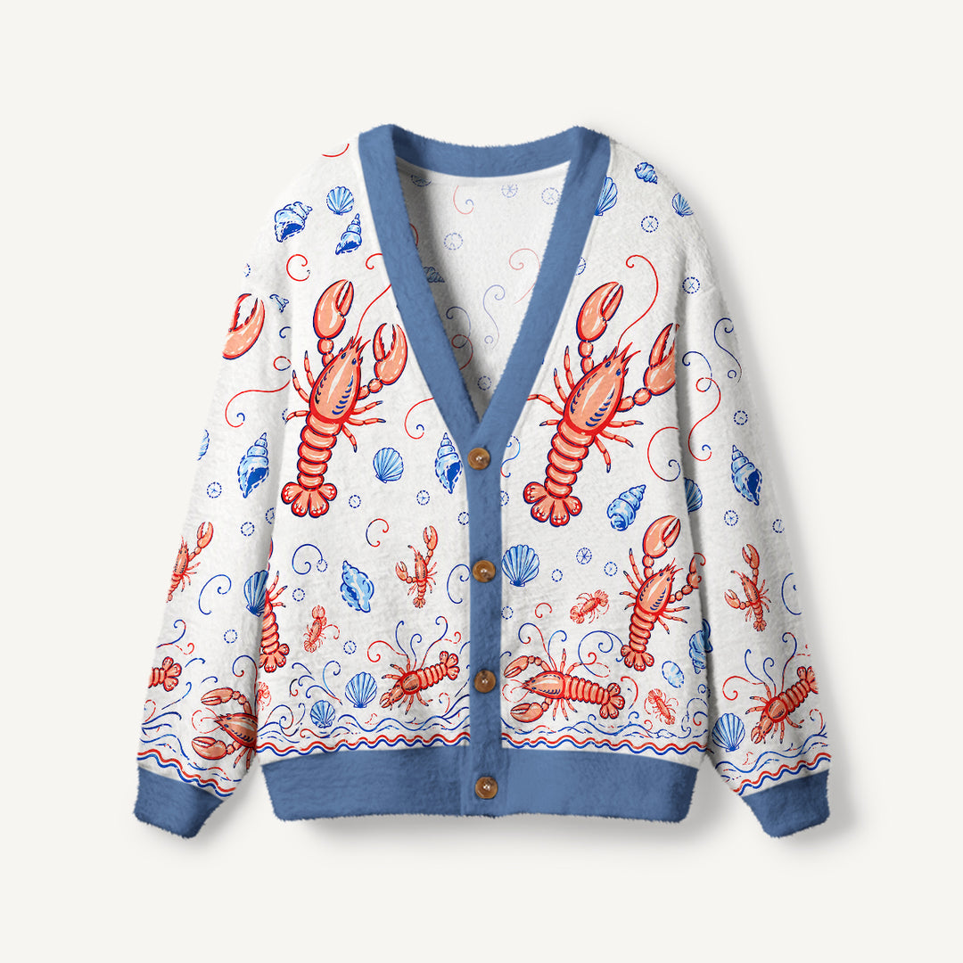 Cardigan lavorato a maglia con stampa di aragoste e conchiglie