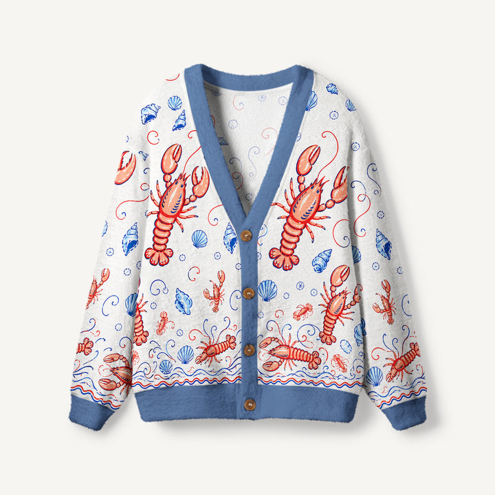 Cardigan lavorato a maglia con stampa di aragoste e conchiglie