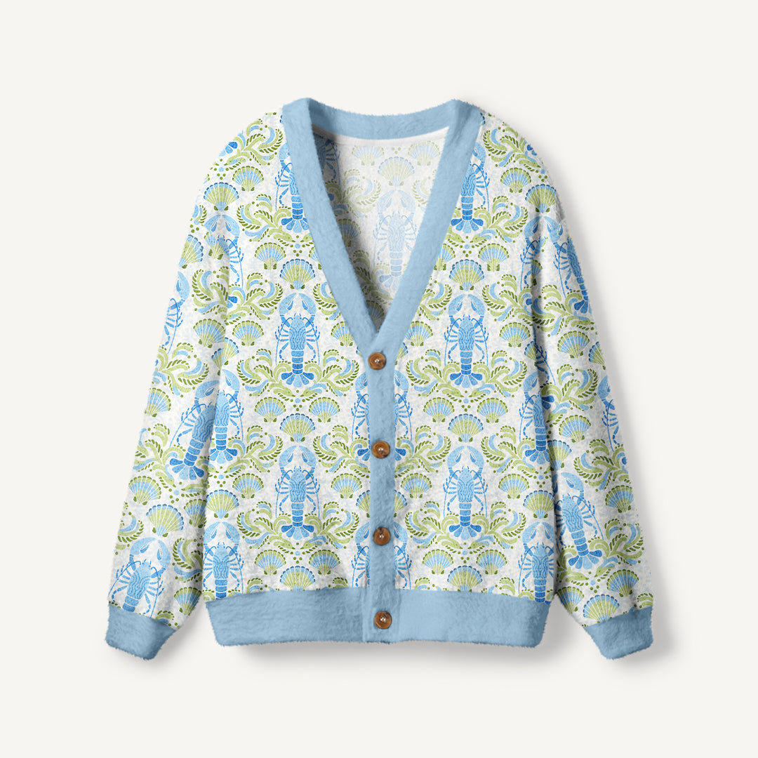 Cardigan lavorato a maglia con stampa di aragoste, conchiglie e fiori
