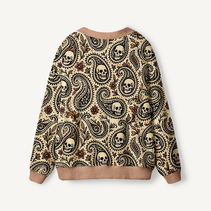 Cardigan lavorato a maglia boho con teschi e stampa paisley
