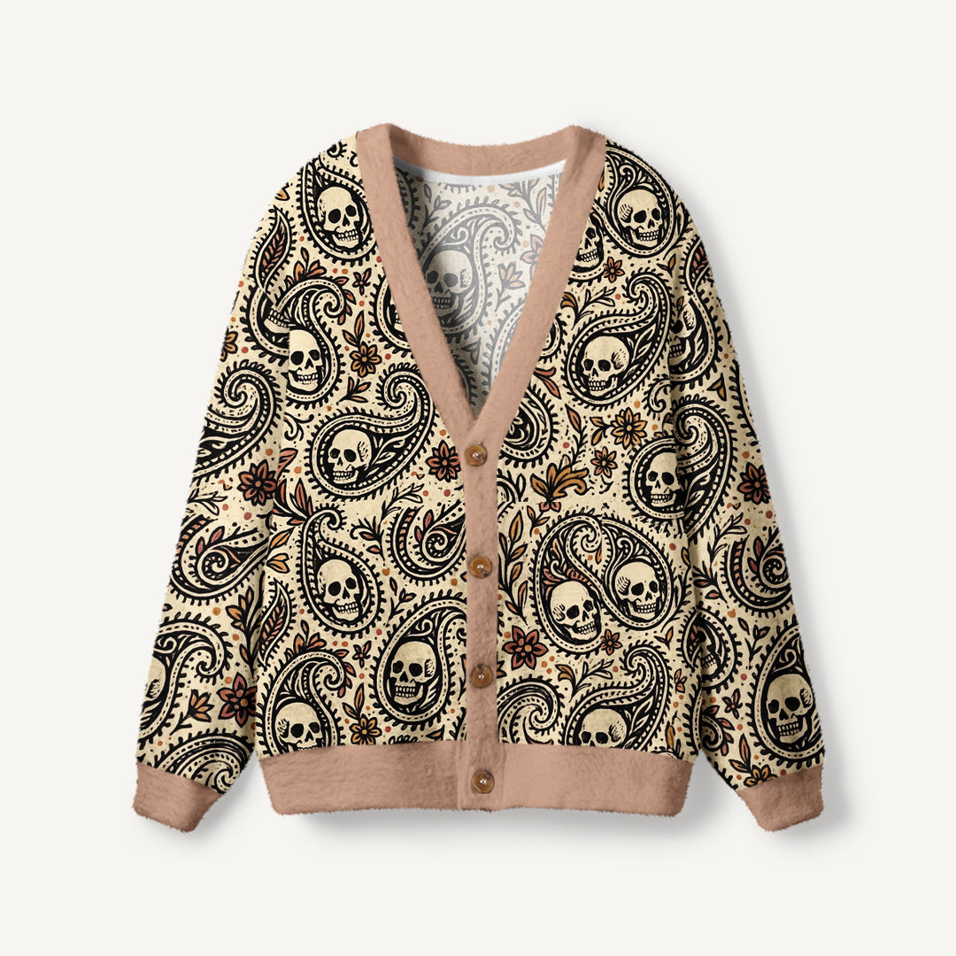 Cardigan lavorato a maglia boho con teschi e stampa paisley