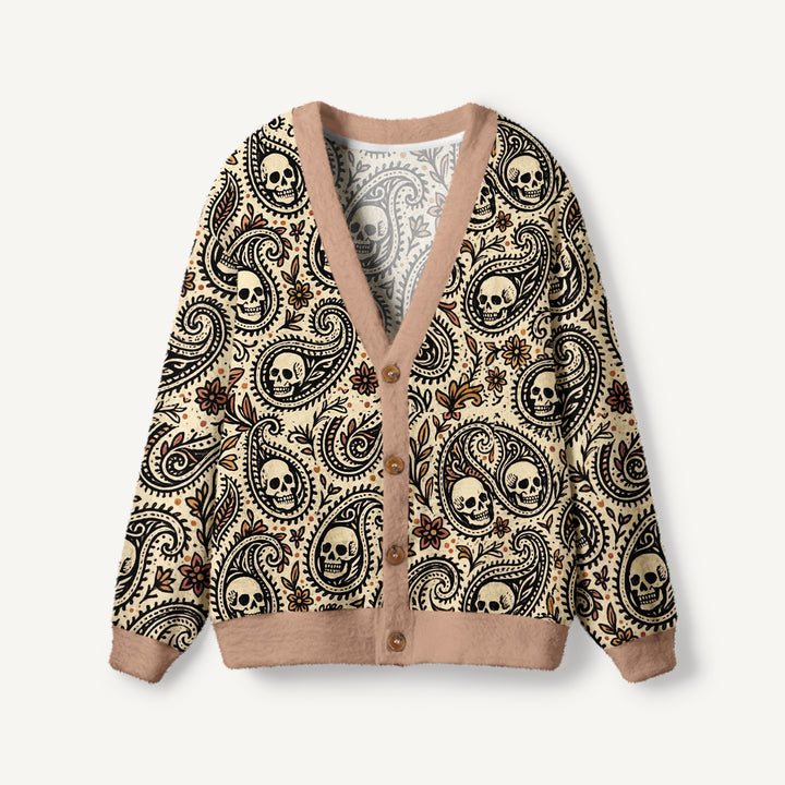 Cardigan lavorato a maglia boho con teschi e stampa paisley