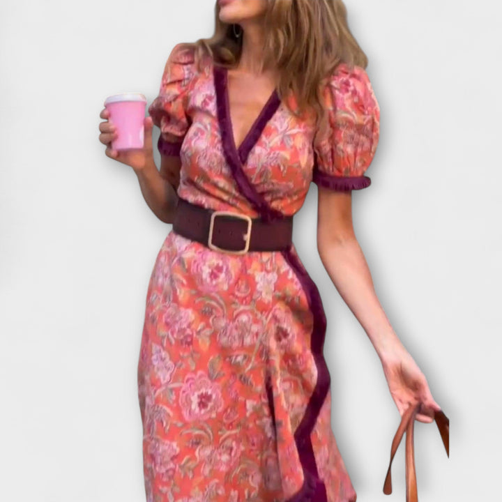 Abito maxi elegante rosa con maniche corte