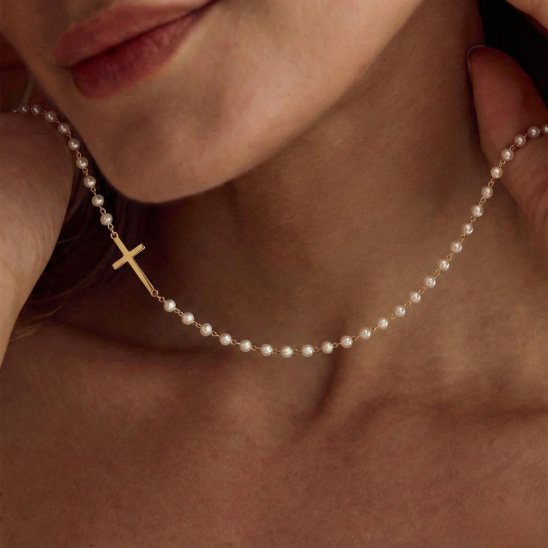 Mirabile™ - Collana a Croce Decorata con Perle d&