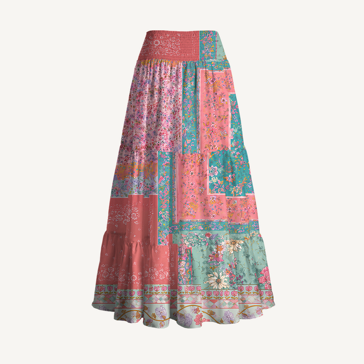 Gonna maxi trasformabile con stampa patchwork “Giardino corallo” e abito senza spalline