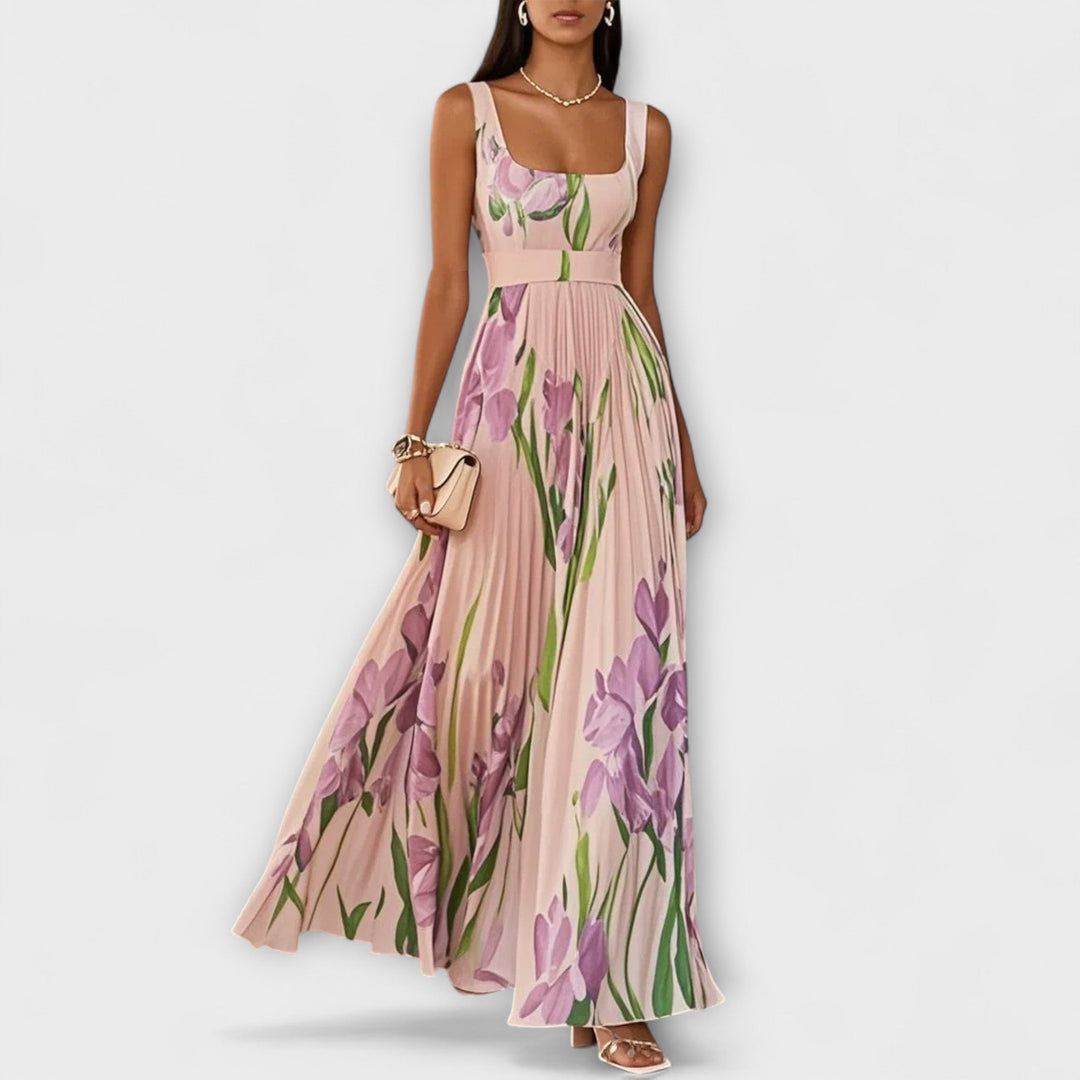 Rosalind | Abito Maxi in Chiffon a Fiori Plissettato con Cintura in Vita