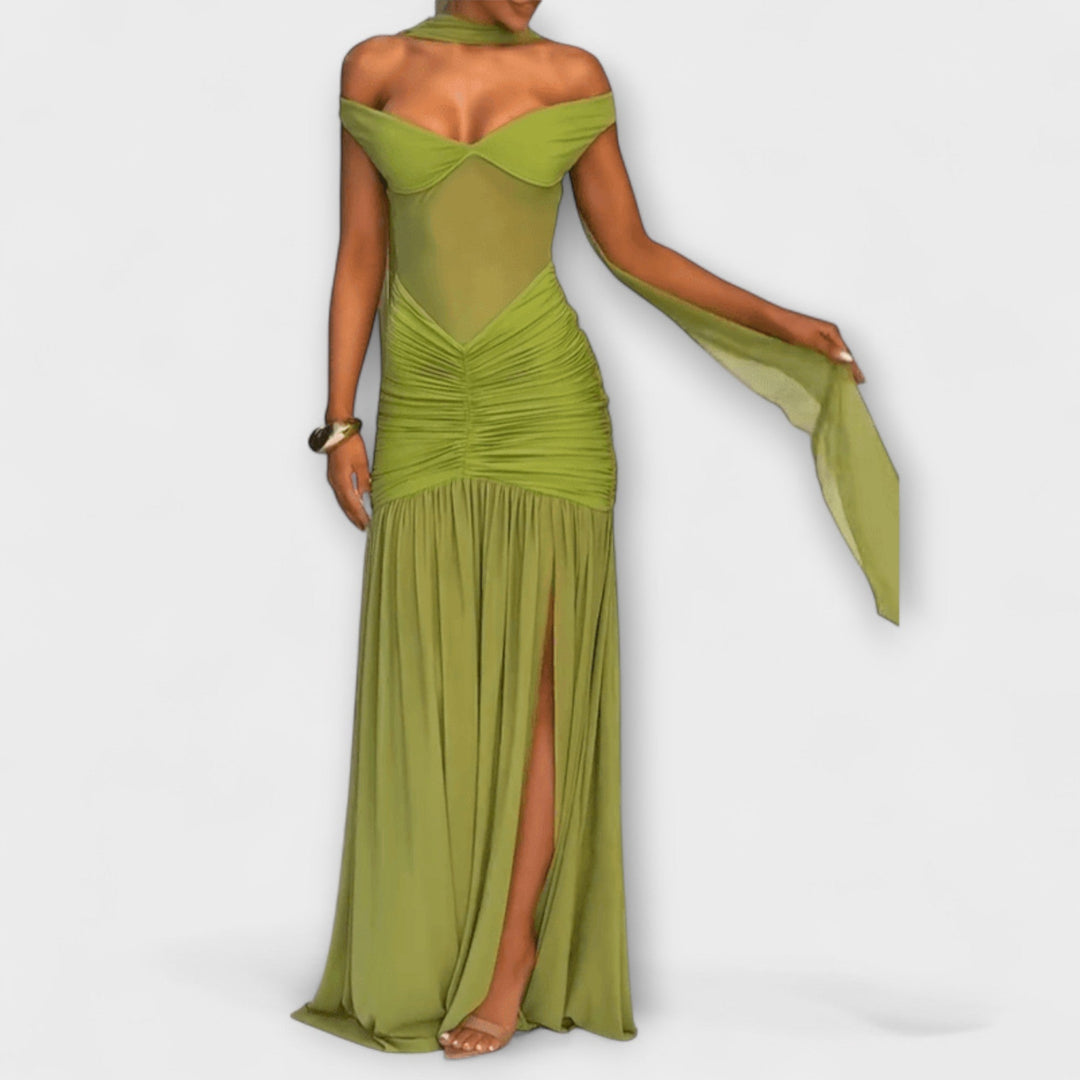 Nicole - Abito Maxi Verde Oliva con Scollatura a V