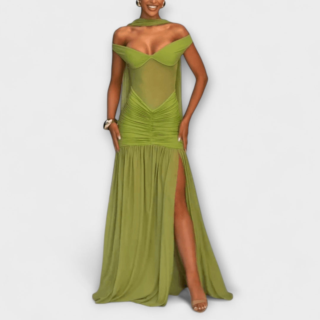 Nicole - Abito Maxi Verde Oliva con Scollatura a V