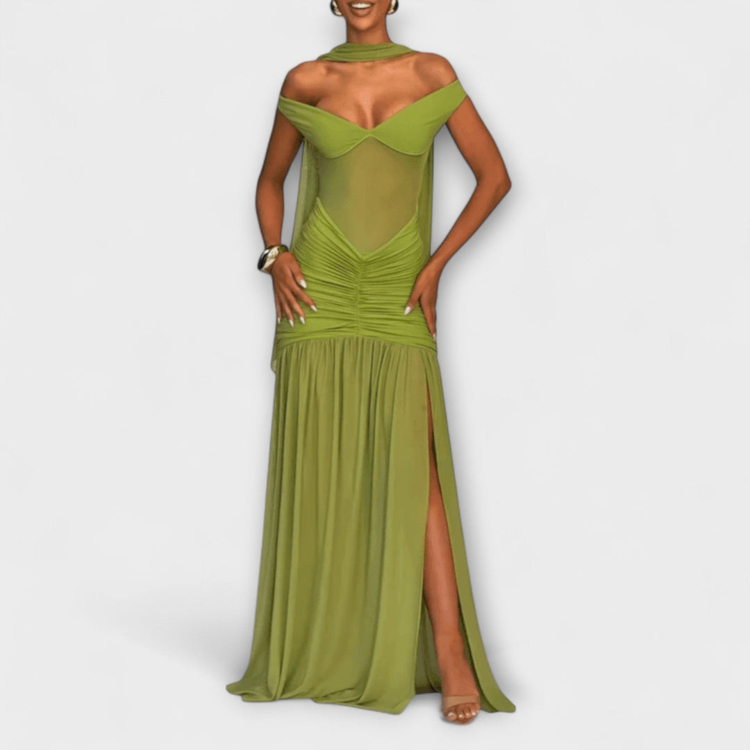 Nicole - Abito Maxi Verde Oliva con Scollatura a V
