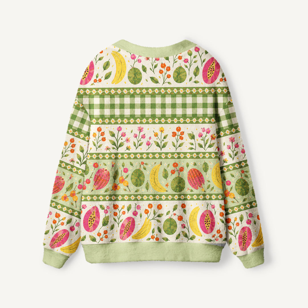 Cardigan lavorato a maglia Motivo floreale con frutta tropicale e quadretti