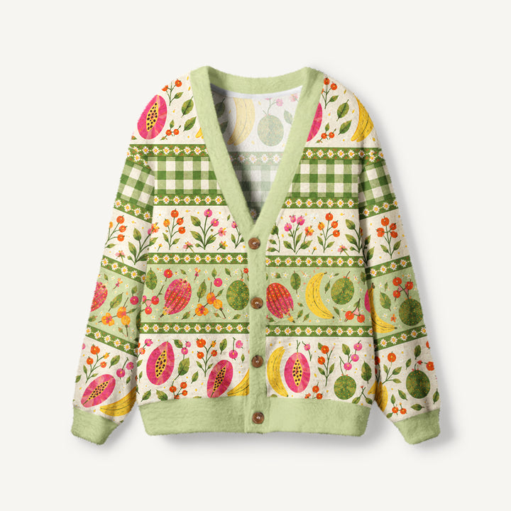 Cardigan lavorato a maglia Motivo floreale con frutta tropicale e quadretti