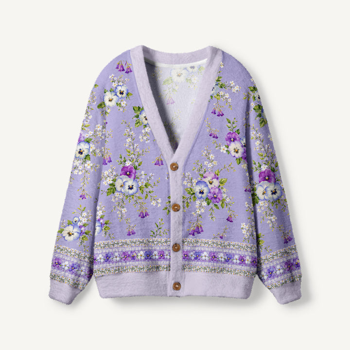 Cardigan lavorato a maglia Mazzo di viole del pensiero viola e composizioni floreali