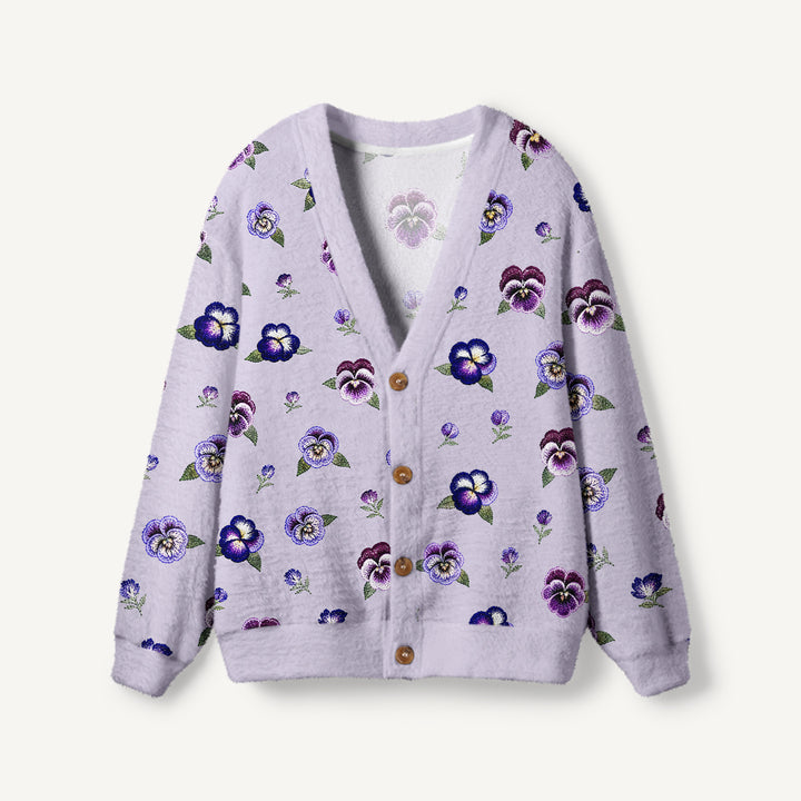 Cardigan lavorato a maglia Motivo floreale con viole del pensiero viola su tutta la superficie