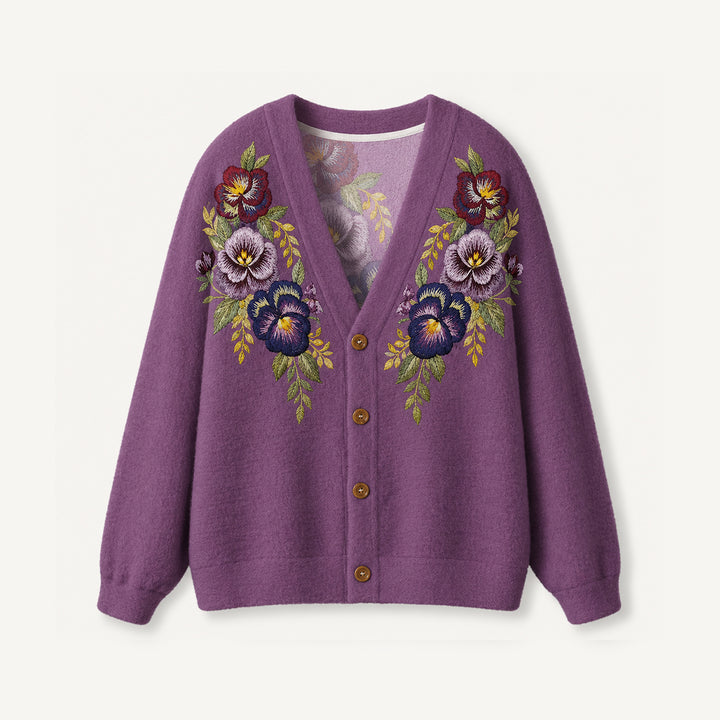 Cardigan lavorato a maglia Bouquet floreale vintage con viole del pensiero