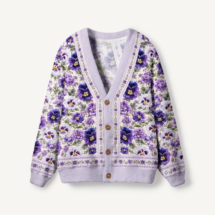 Cardigan lavorato a maglia Stampa floreale a viole del pensiero viola su tutta la superficie