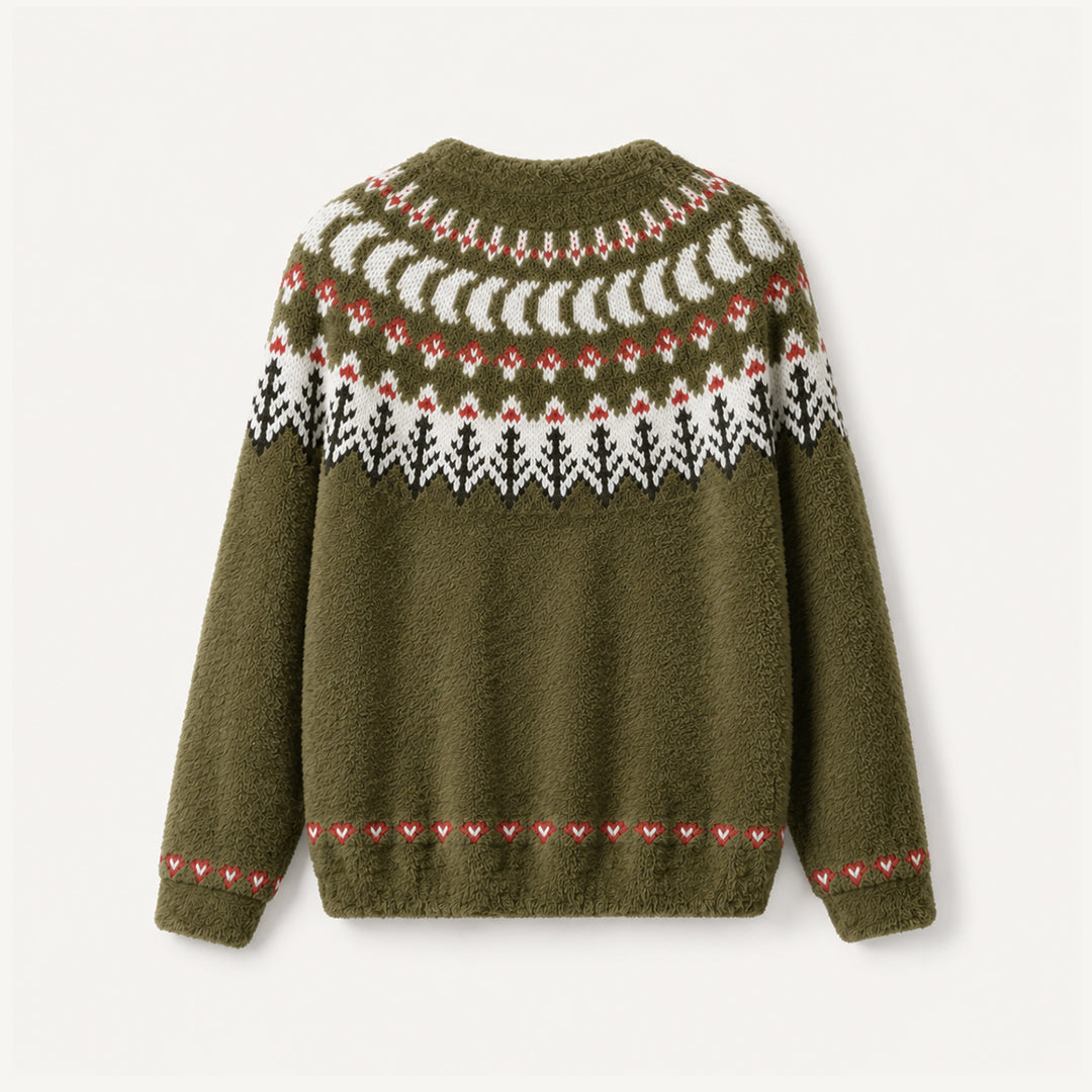 Maglione a girocollo con motivo di funghi del bosco e pini