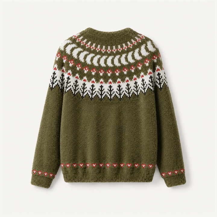 Maglione a girocollo con motivo di funghi del bosco e pini
