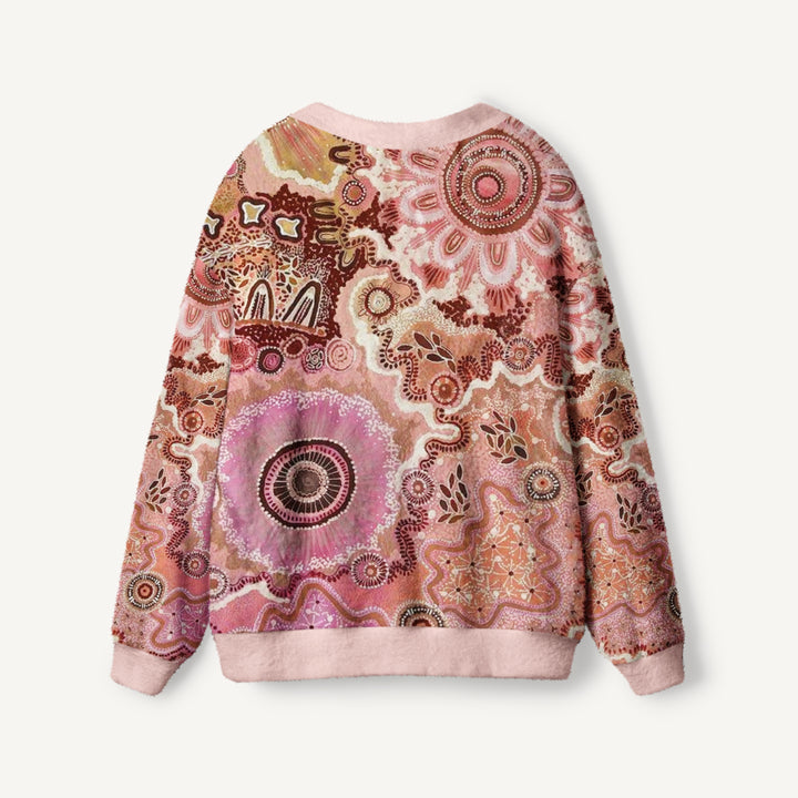 Cardigan lavorato a maglia boho rosa con stampa floreale e simboli tribali del sole
