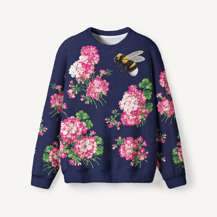 Maglione a girocollo con motivo a api e giardino di gerani