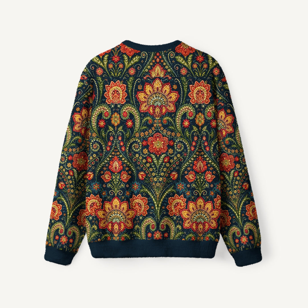 Maglione vintage a collo rotondo con motivi floreali folk e paisley