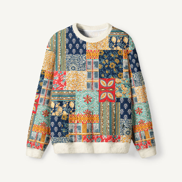 Maglione a girocollo in stile boho con motivo patchwork floreale e geometrico