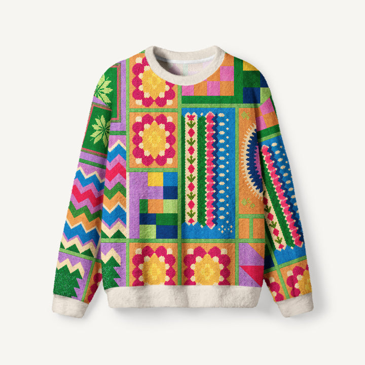 Maglione a girocollo con stampa patchwork geometrica colorata