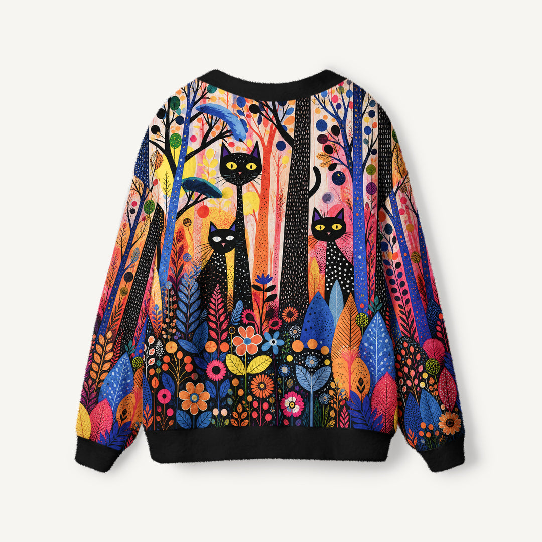 Cardigan lavorato a maglia Giardino nel bosco con gatto nero a pois
