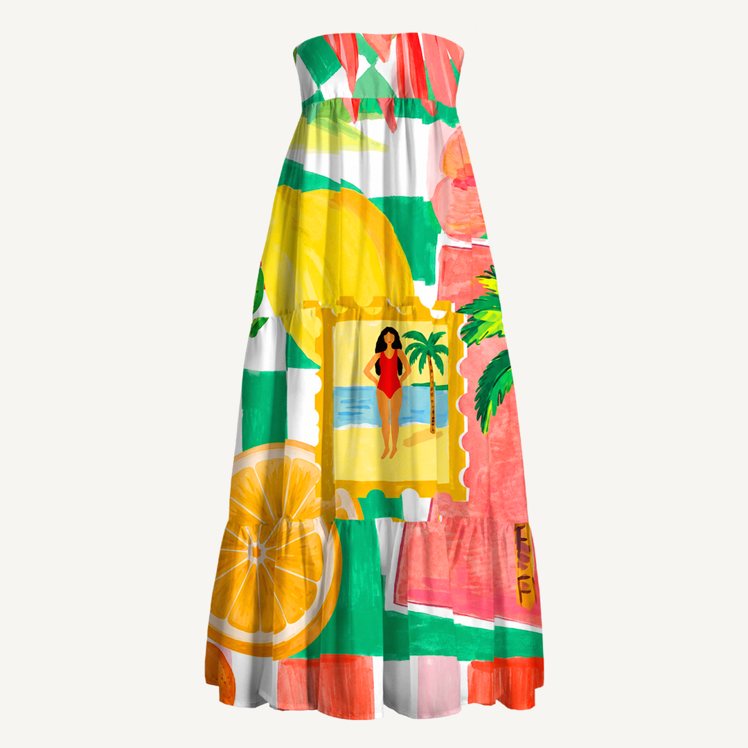 Gonna lunga con stampa floreale tropicale e palme e abito senza spalline