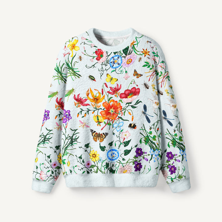Maglione a girocollo con motivo botanico di fiori selvatici e insetti