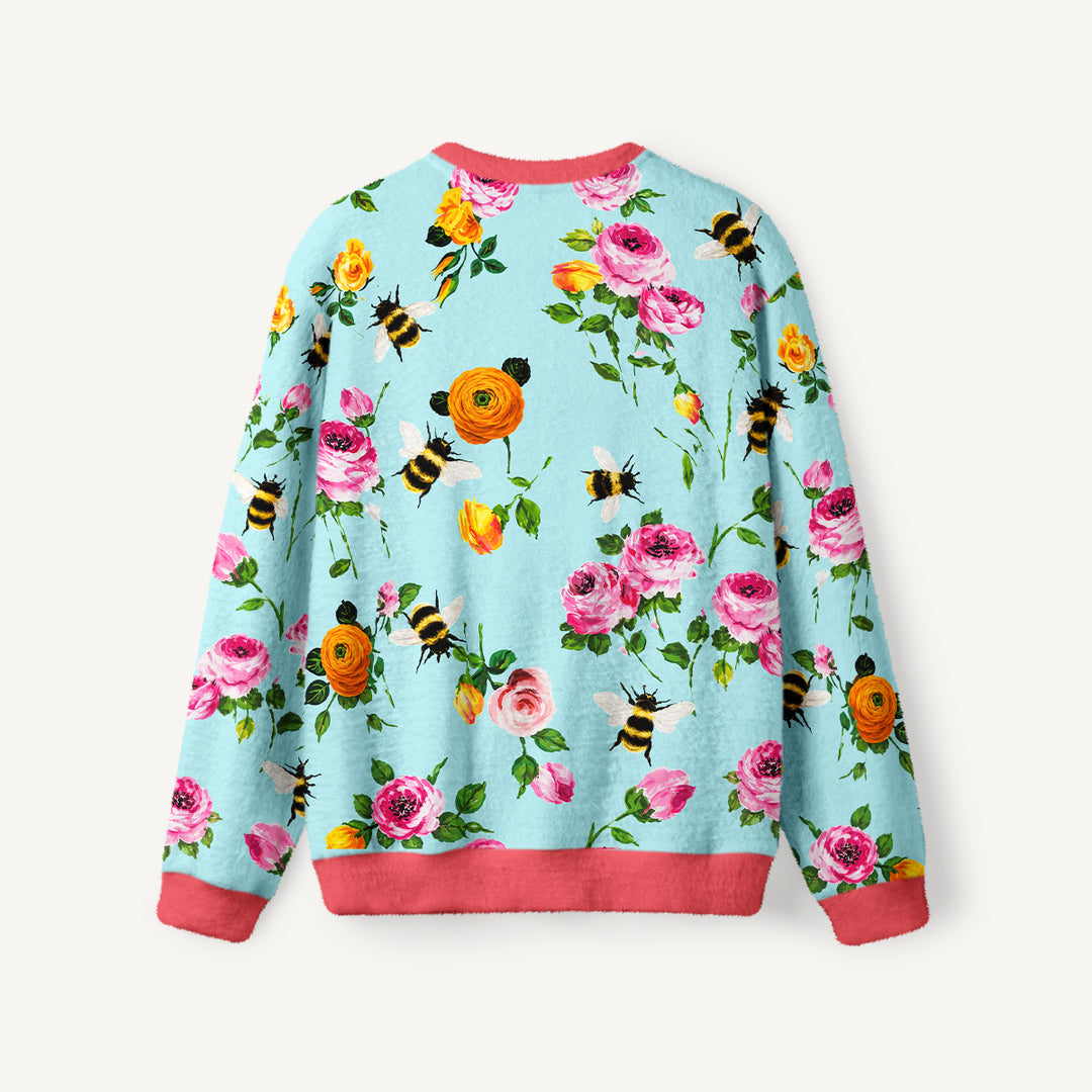 Maglione a girocollo con stampa “Giardino con rosa rosa e calabrone”