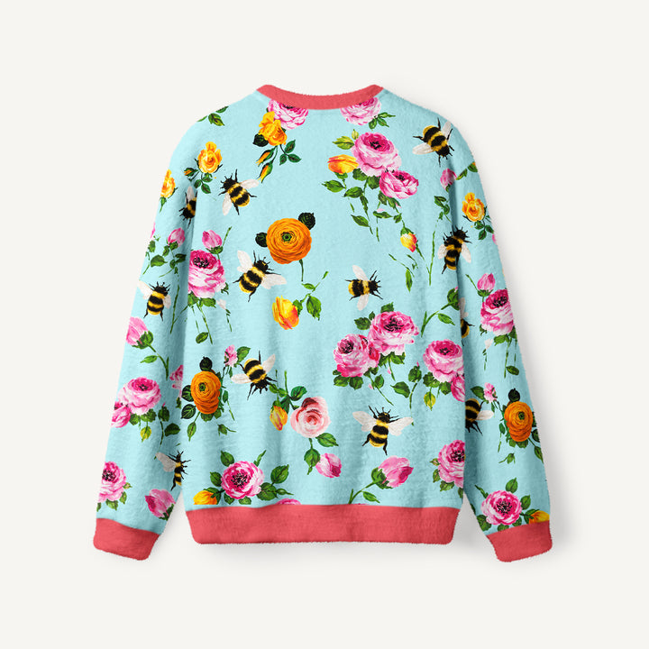 Maglione a girocollo con stampa “Giardino con rosa rosa e calabrone”