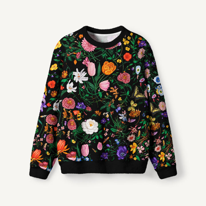 Maglione a girocollo con motivo di fiori selvatici e farfalle