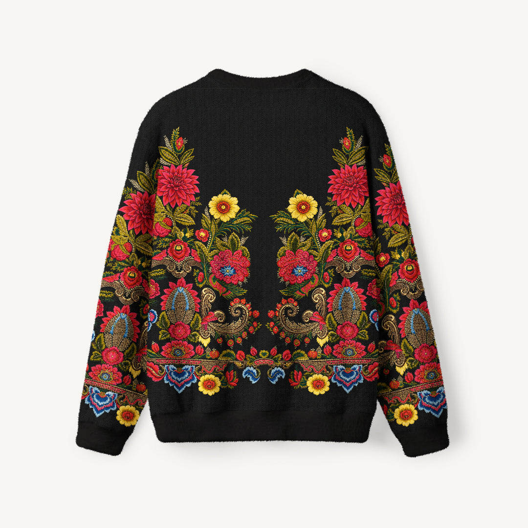 Maglione a girocollo con bordo floreale in stile folk decorato