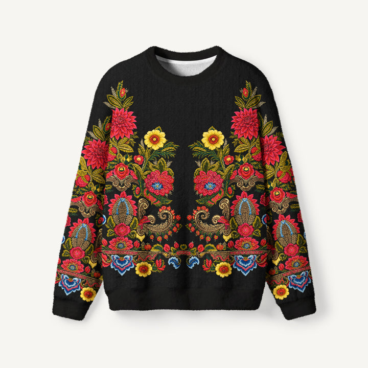 Maglione a girocollo con bordo floreale in stile folk decorato