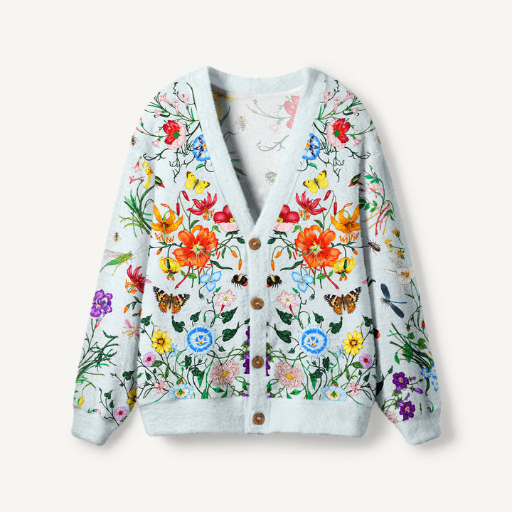 Cardigan lavorato a maglia Giardino botanico di fiori selvatici e insetti