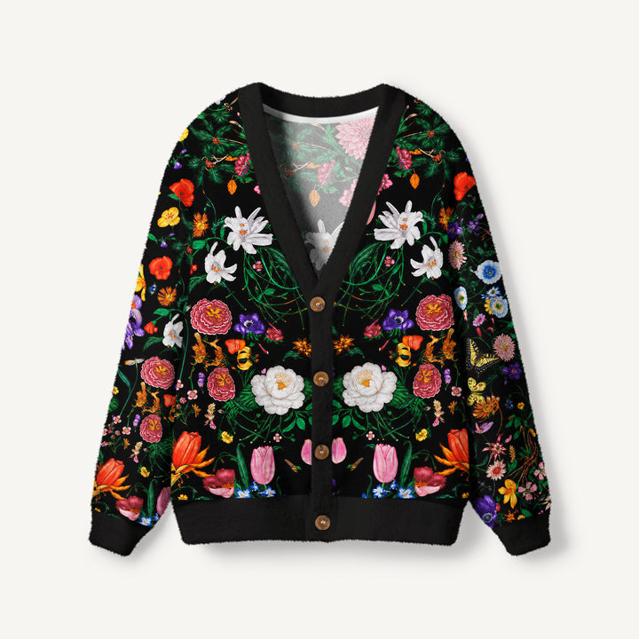 Cardigan lavorato a maglia Fiori selvatici e farfalle a mezzanotte