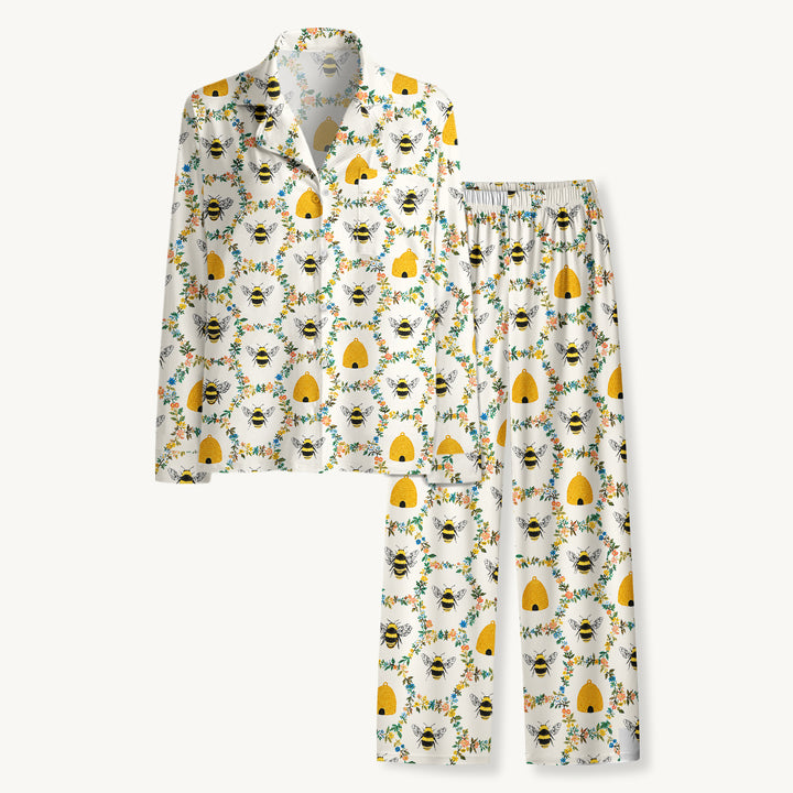 Set di pigiami a maniche lunghe con api, alveari e fiori da giardino