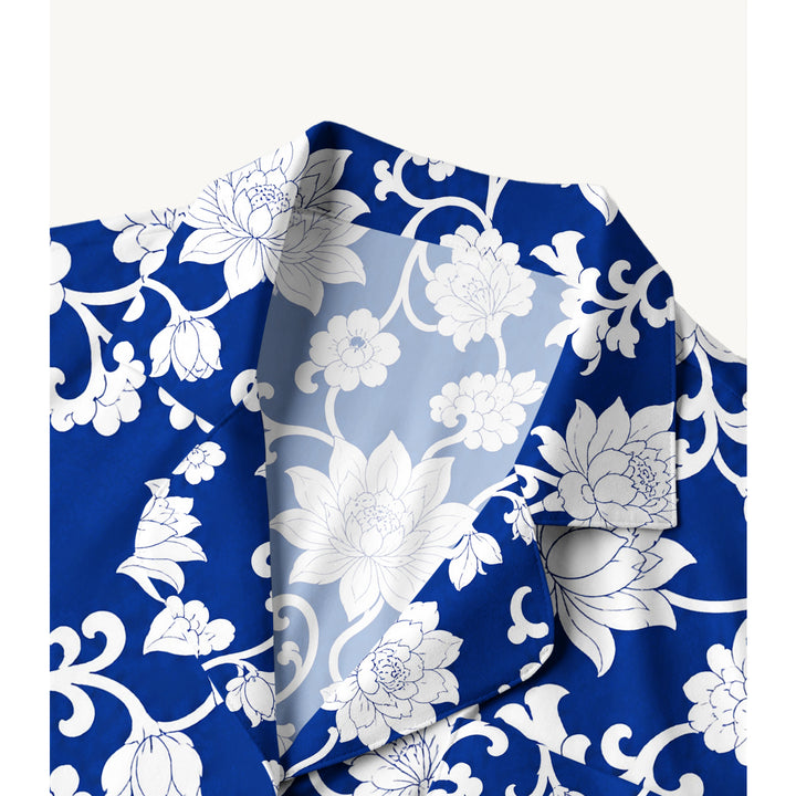 Set di pigiami a maniche lunghe con fiori blu e bianchi in porcellana