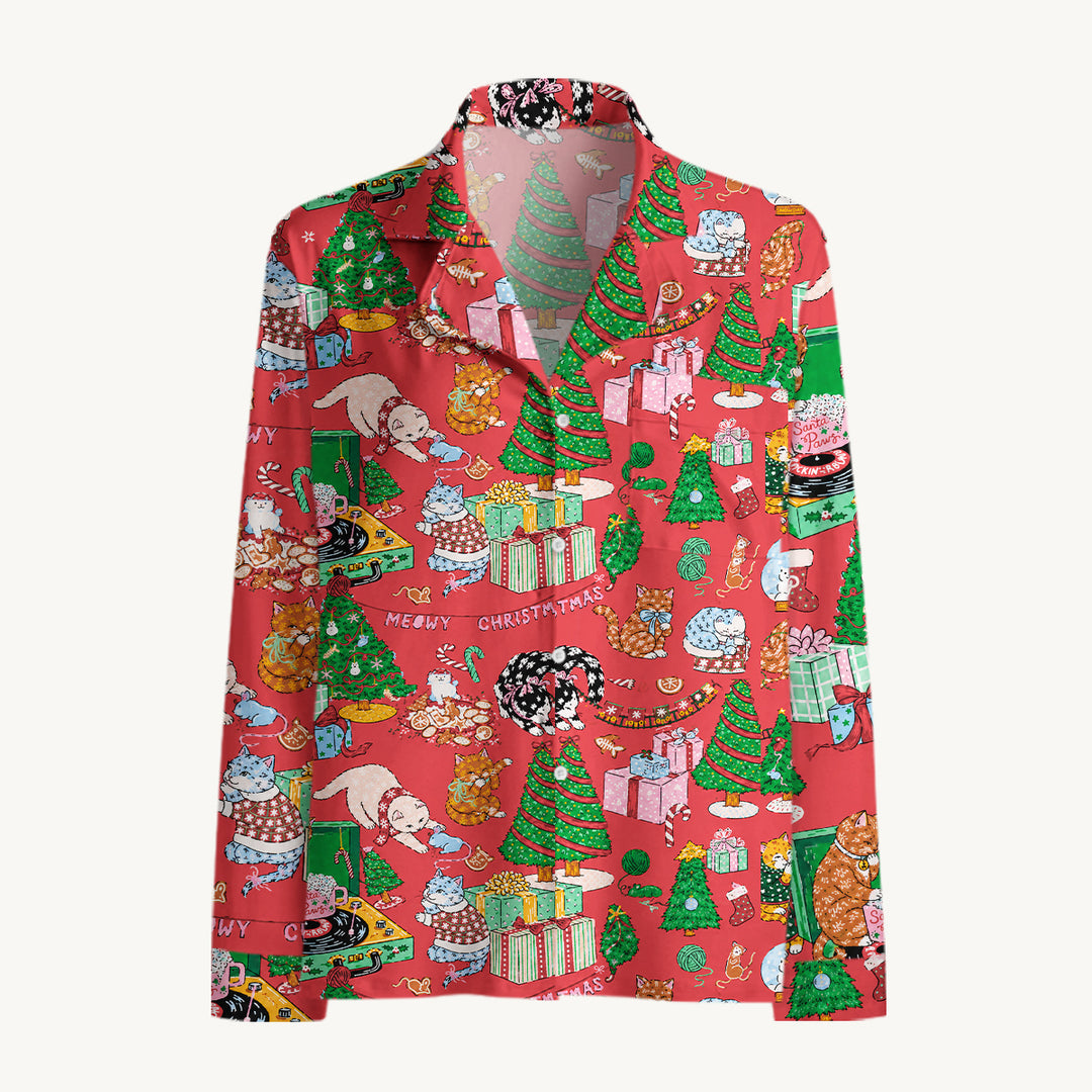 Set di pigiami a maniche lunghe festivi con gatti e alberi di Natale