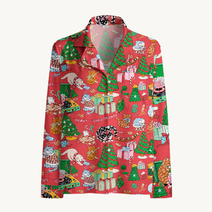 Set di pigiami a maniche lunghe festivi con gatti e alberi di Natale