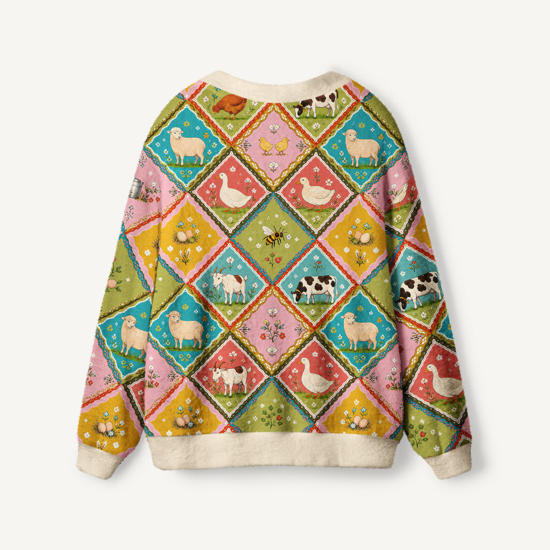 Cardigan lavorato a maglia con patchwork di animali della fattoria di campagna