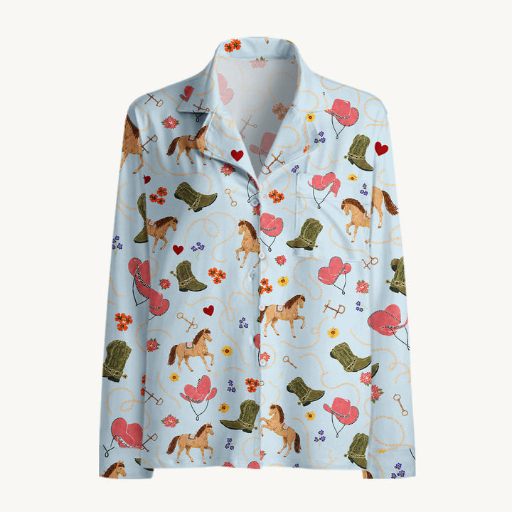 Set di pigiami a maniche lunghe western con cavalli, cappelli da cowboy e stivali da ranch
