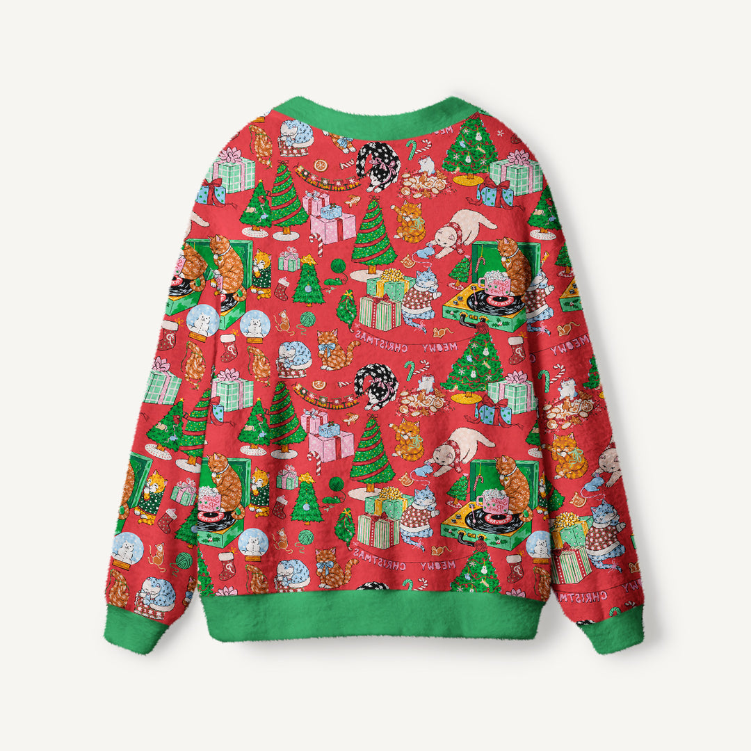 Cardigan lavorato a maglia festivo con gatti e alberi di Natale
