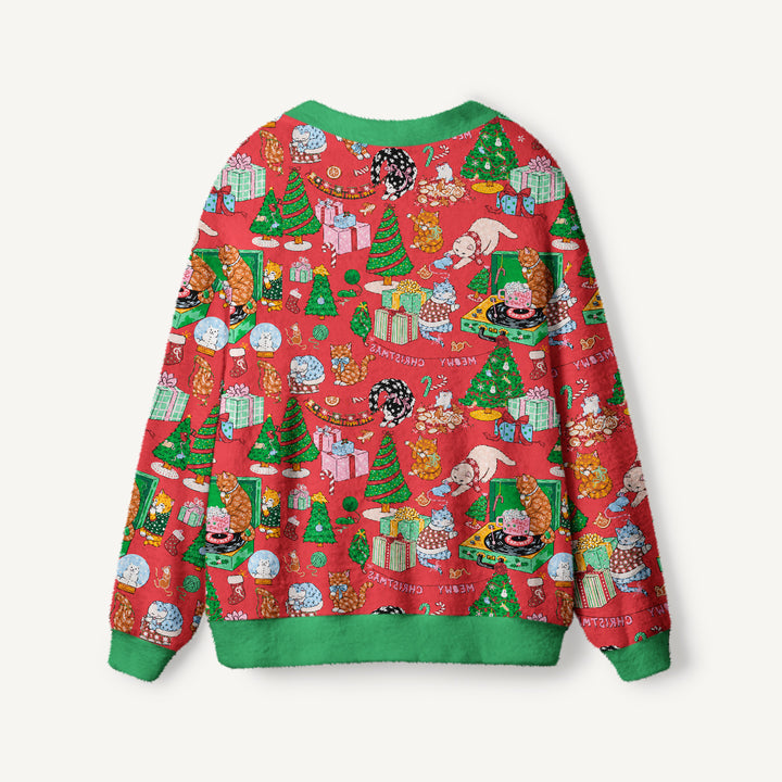 Cardigan lavorato a maglia festivo con gatti e alberi di Natale