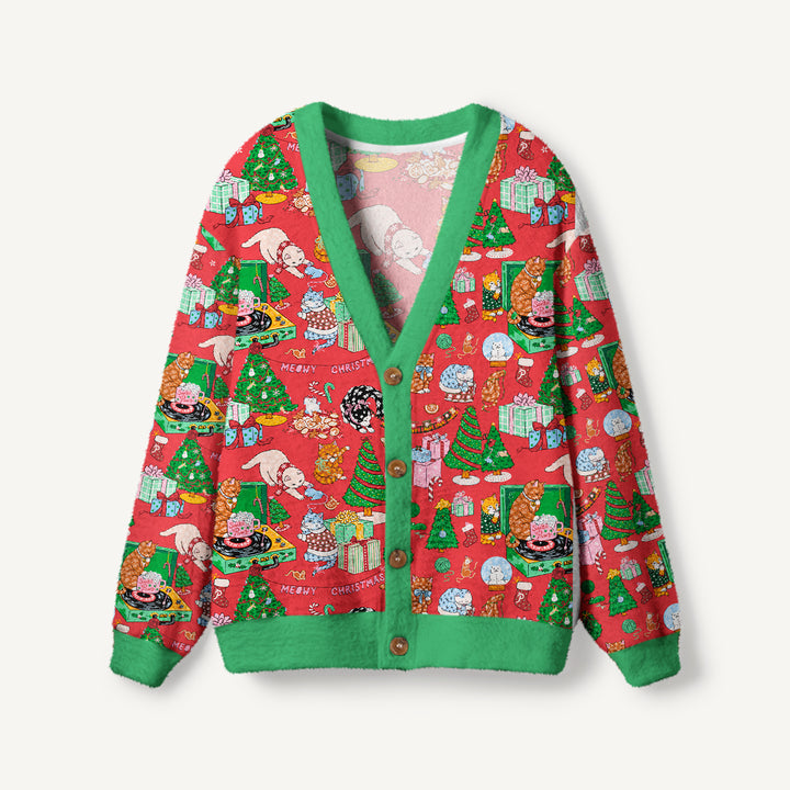 Cardigan lavorato a maglia festivo con gatti e alberi di Natale