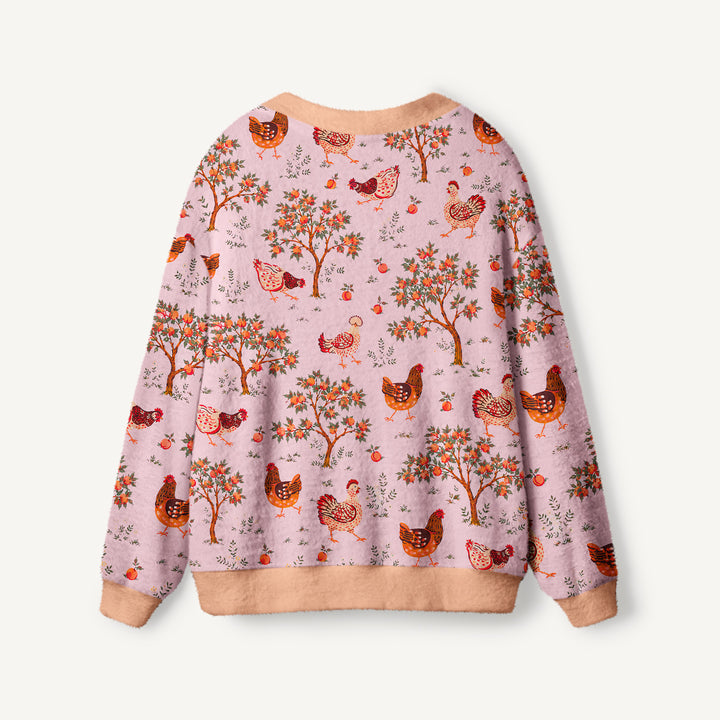 Cardigan lavorato a maglia con galline di campagna e frutteto