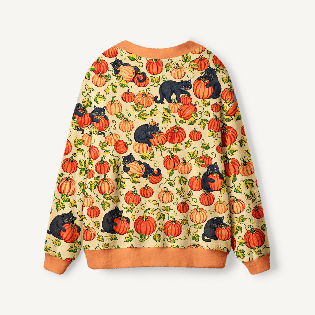 Cardigan lavorato a maglia con gatti neri e zucche